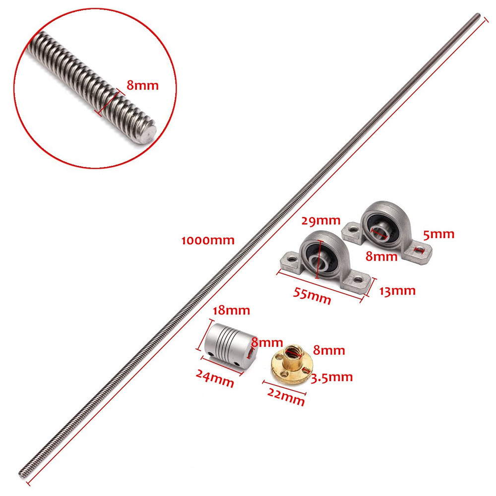 T8 1000mm Stainless Steel Lead Screw with Shaft Coupling and Mounting Support